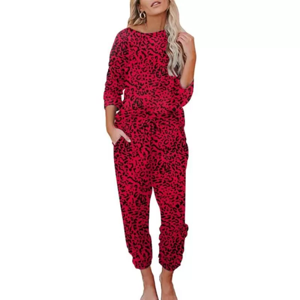 Ekouaer Womens Pajamas Set Long Sleeve Loungewear Soft Joggers Lounge Set with PocketsRed Leopard