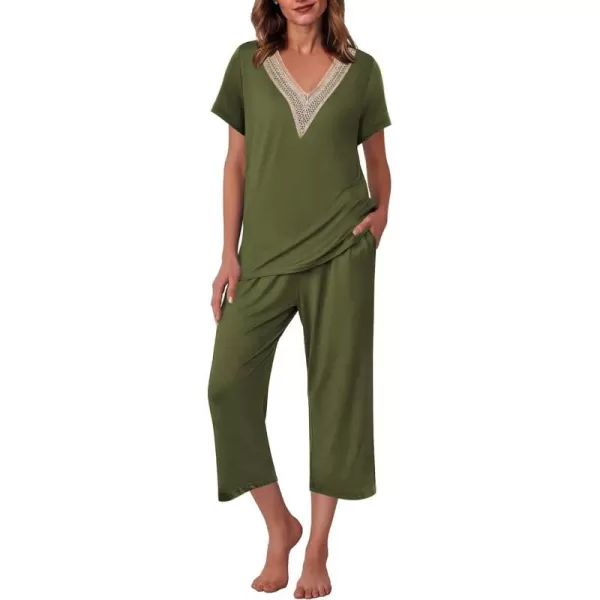 Ekouaer Womens Pajamas Set Short Sleeve Lace V Neck Sleepwear Top Capri Pants Pjs Sets Soft Loungewear SXXLArmy Green