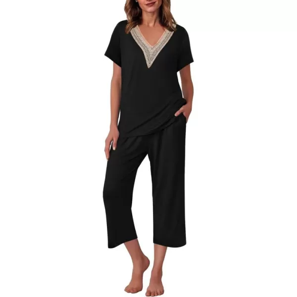 Ekouaer Womens Pajamas Set Short Sleeve Lace V Neck Sleepwear Top Capri Pants Pjs Sets Soft Loungewear SXXLBlack