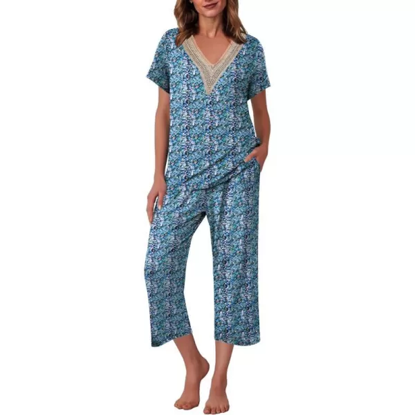 Ekouaer Womens Pajamas Set Short Sleeve Lace V Neck Sleepwear Top Capri Pants Pjs Sets Soft Loungewear SXXLBlue Flower