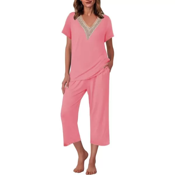 Ekouaer Womens Pajamas Set Short Sleeve Lace V Neck Sleepwear Top Capri Pants Pjs Sets Soft Loungewear SXXLCoral Pink