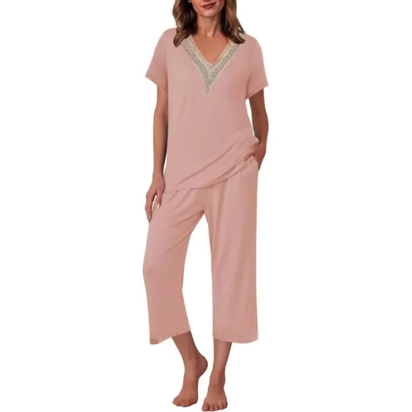 Ekouaer Womens Pajamas Set Short Sleeve Lace V Neck Sleepwear Top Capri Pants Pjs Sets Soft Loungewear SXXLDusty Rose