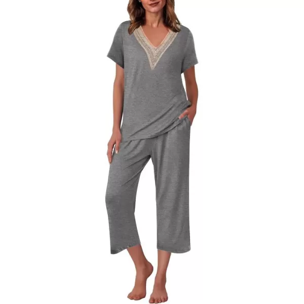 Ekouaer Womens Pajamas Set Short Sleeve Lace V Neck Sleepwear Top Capri Pants Pjs Sets Soft Loungewear SXXLGrey