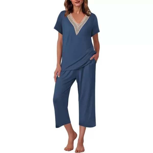 Ekouaer Womens Pajamas Set Short Sleeve Lace V Neck Sleepwear Top Capri Pants Pjs Sets Soft Loungewear SXXLNavy