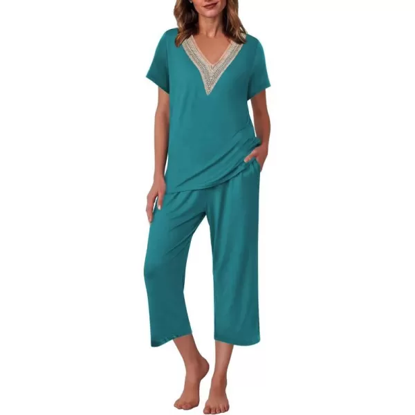 Ekouaer Womens Pajamas Set Short Sleeve Lace V Neck Sleepwear Top Capri Pants Pjs Sets Soft Loungewear SXXLPeacock Blue