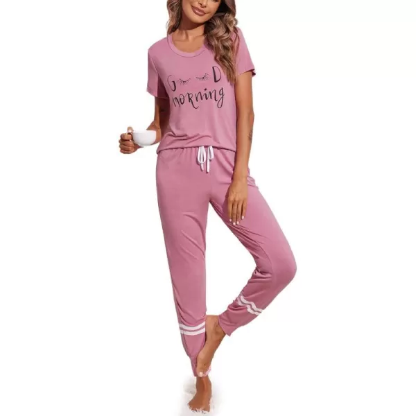 Ekouaer Womens Pajamas Set Short Sleeve Sleepwear Tops with Long Pants Pjs Set Print NightwearDark Pink