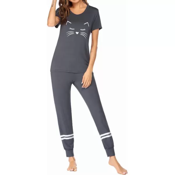 Ekouaer Womens Pajamas Set Short Sleeve Sleepwear Tops with Long Pants Pjs Set Print NightwearDeep Grey