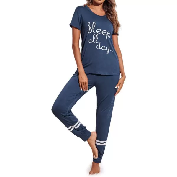 Ekouaer Womens Pajamas Set Short Sleeve Sleepwear Tops with Long Pants Pjs Set Print NightwearNavy