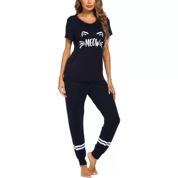 Ekouaer Womens Pajamas Set Short Sleeve Sleepwear Tops with Long Pants Pjs Set Print NightwearNavy Blue