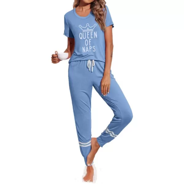 Ekouaer Womens Pajamas Set Short Sleeve Sleepwear Tops with Long Pants Pjs Set Print NightwearSky Blue