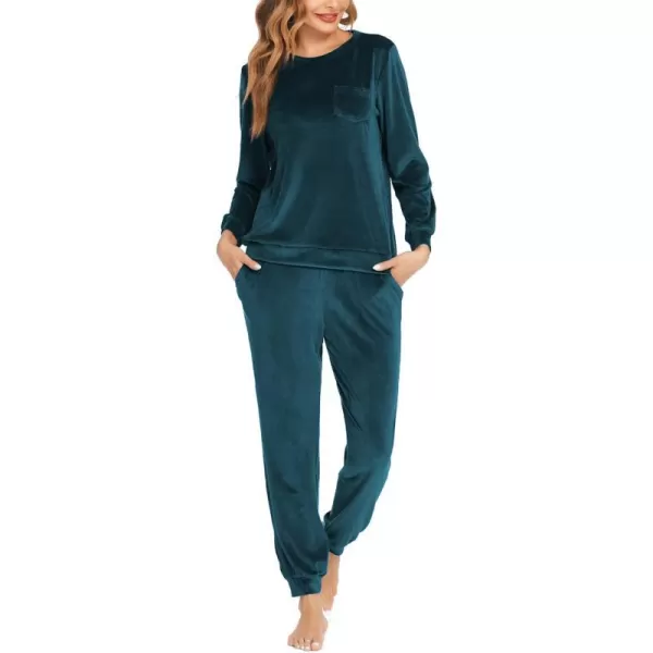 Ekouaer Womens Pajamas Sets Long Sleeve Soft Warm Sleepwear 2 Piece Velvet Pjs Lounge Sets with PocketsBlue Green