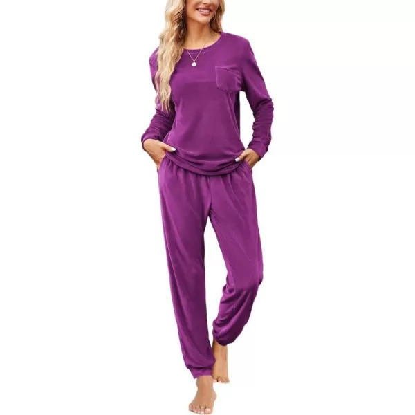 Ekouaer Womens Pajamas Sets Long Sleeve Soft Warm Sleepwear 2 Piece Velvet Pjs Lounge Sets with PocketsDark Purple