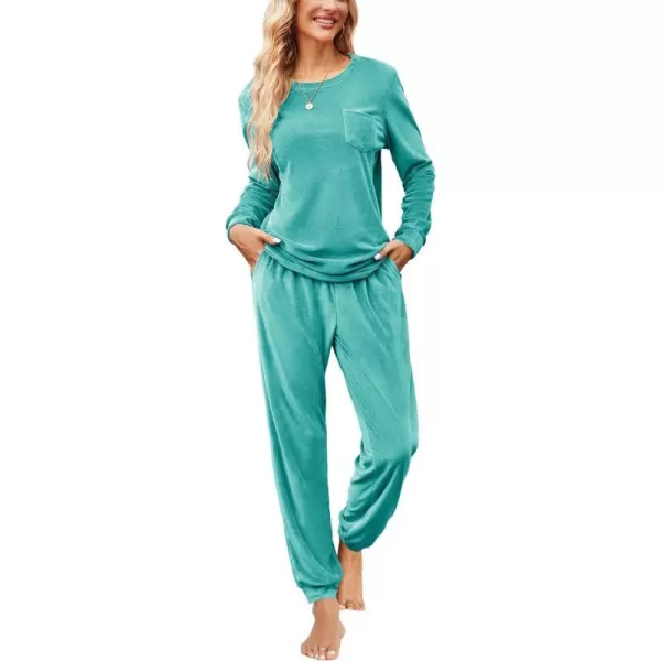 Ekouaer Womens Pajamas Sets Long Sleeve Soft Warm Sleepwear 2 Piece Velvet Pjs Lounge Sets with PocketsGreen