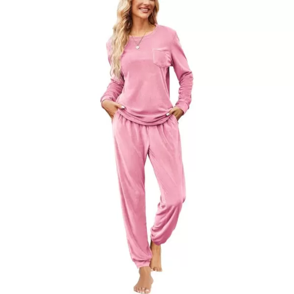 Ekouaer Womens Pajamas Sets Long Sleeve Soft Warm Sleepwear 2 Piece Velvet Pjs Lounge Sets with PocketsHot Pink