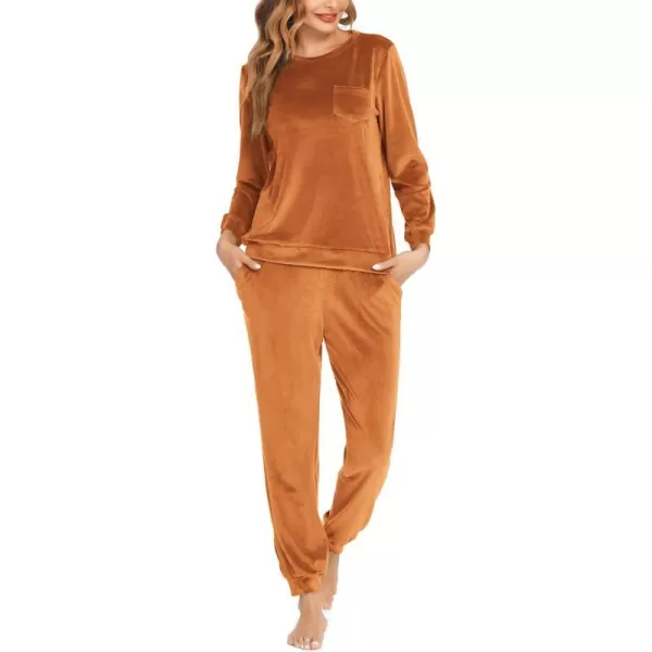 Ekouaer Womens Pajamas Sets Long Sleeve Soft Warm Sleepwear 2 Piece Velvet Pjs Lounge Sets with PocketsOrange