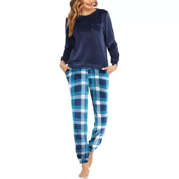 Ekouaer Womens Pajamas Sets Long Sleeve Soft Warm Sleepwear 2 Piece Velvet Pjs Lounge Sets with PocketsPlaid Blue