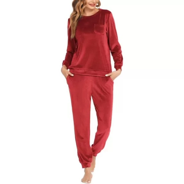 Ekouaer Womens Pajamas Sets Long Sleeve Soft Warm Sleepwear 2 Piece Velvet Pjs Lounge Sets with PocketsRed