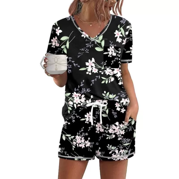 Ekouaer Womens Pajamas Sets Short Sleeve Lounge Sets Sleepwear Casual Two Piece Pjs With PocketsBlack Pink Floral