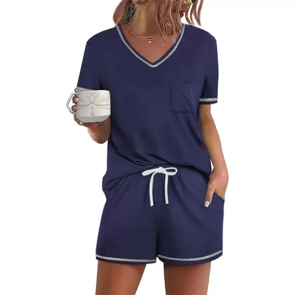 Ekouaer Womens Pajamas Sets Short Sleeve Lounge Sets Sleepwear Casual Two Piece Pjs With PocketsNavy Blue