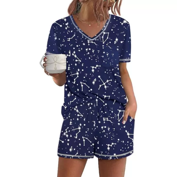 Ekouaer Womens Pajamas Sets Short Sleeve Lounge Sets Sleepwear Casual Two Piece Pjs With PocketsNavy Blue Star