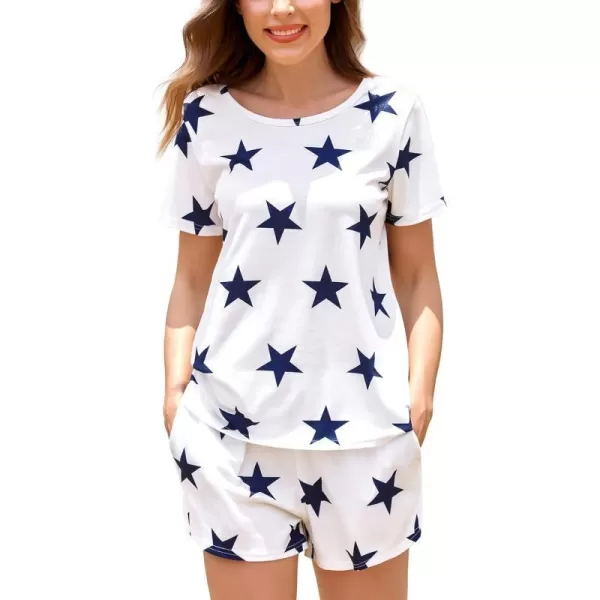 Ekouaer Womens Pajamas Sets Short Sleeve Lounge Sets Sleepwear Casual Two Piece Pjs With PocketsWhite Blue Star