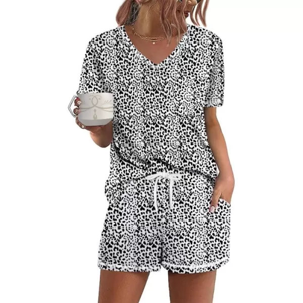 Ekouaer Womens Pajamas Sets Short Sleeve Lounge Sets Sleepwear Casual Two Piece Pjs With PocketsWhite Leopard