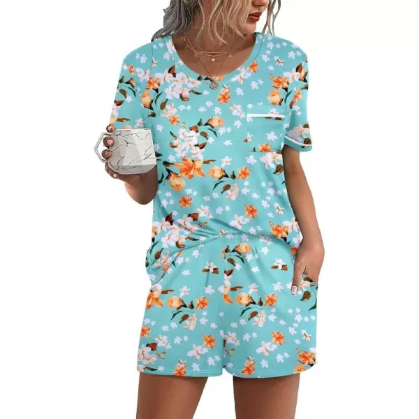 Ekouaer Womens Pajamas Sets Shorts 2 Piece Short Sleeve Lounge Sets Sleepwear Casual Pjs with PocketsBlue Flower