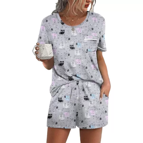 Ekouaer Womens Pajamas Sets Shorts 2 Piece Short Sleeve Lounge Sets Sleepwear Casual Pjs with PocketsCartoonowl