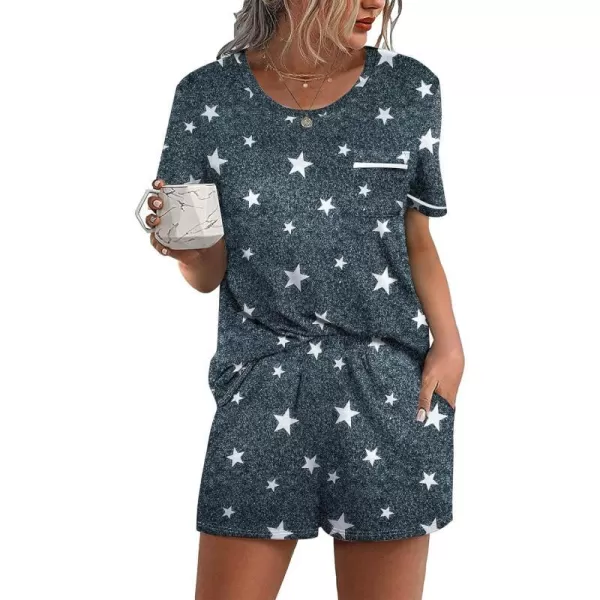 Ekouaer Womens Pajamas Sets Shorts 2 Piece Short Sleeve Lounge Sets Sleepwear Casual Pjs with PocketsPat6dark Grey White Star