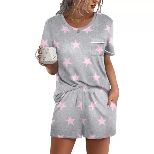 Ekouaer Womens Pajamas Sets Shorts 2 Piece Short Sleeve Lounge Sets Sleepwear Casual Pjs with PocketsPat8light Grey White Star