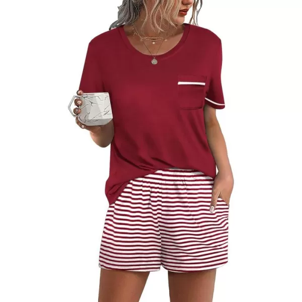 Ekouaer Womens Pajamas Sets Shorts 2 Piece Short Sleeve Lounge Sets Sleepwear Casual Pjs with PocketsWine Red