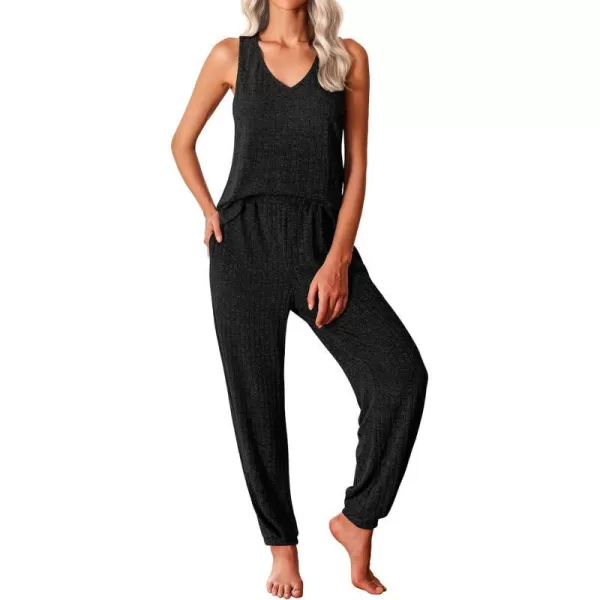 Ekouaer Womens Pajamas Sleeveless V Neck Pjs Lounge Sets Ribbed Knit 2 Piece Tank Pants Set Loungewear with Pockets SXXLBlack