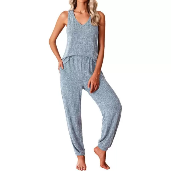 Ekouaer Womens Pajamas Sleeveless V Neck Pjs Lounge Sets Ribbed Knit 2 Piece Tank Pants Set Loungewear with Pockets SXXLClear Blue