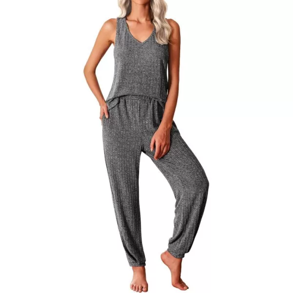 Ekouaer Womens Pajamas Sleeveless V Neck Pjs Lounge Sets Ribbed Knit 2 Piece Tank Pants Set Loungewear with Pockets SXXLDark Gray