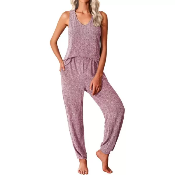 Ekouaer Womens Pajamas Sleeveless V Neck Pjs Lounge Sets Ribbed Knit 2 Piece Tank Pants Set Loungewear with Pockets SXXLDeep Pink