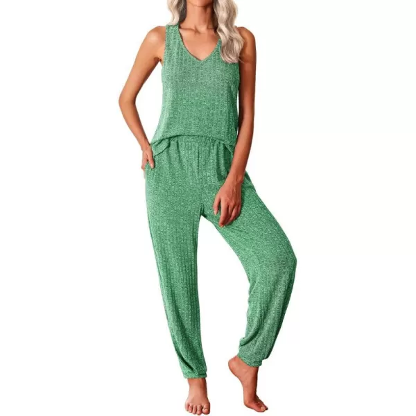 Ekouaer Womens Pajamas Sleeveless V Neck Pjs Lounge Sets Ribbed Knit 2 Piece Tank Pants Set Loungewear with Pockets SXXLGreen