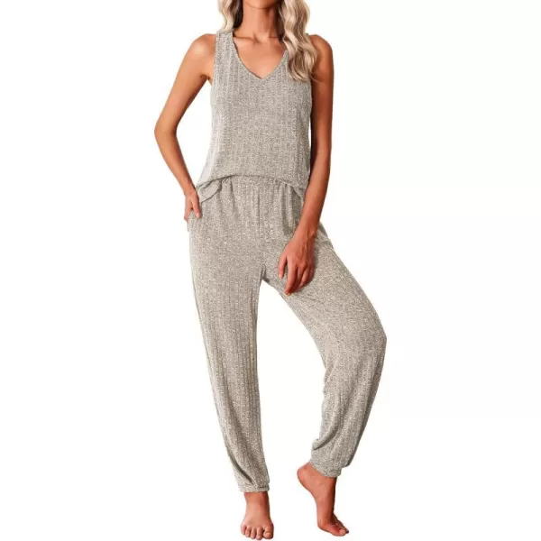 Ekouaer Womens Pajamas Sleeveless V Neck Pjs Lounge Sets Ribbed Knit 2 Piece Tank Pants Set Loungewear with Pockets SXXLKahki