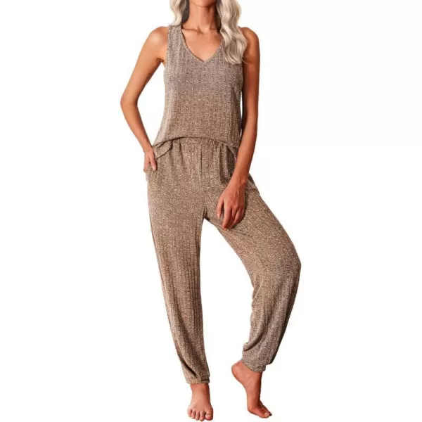 Ekouaer Womens Pajamas Sleeveless V Neck Pjs Lounge Sets Ribbed Knit 2 Piece Tank Pants Set Loungewear with Pockets SXXLLight Brown