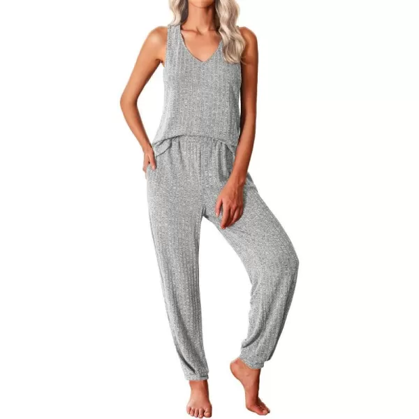 Ekouaer Womens Pajamas Sleeveless V Neck Pjs Lounge Sets Ribbed Knit 2 Piece Tank Pants Set Loungewear with Pockets SXXLLight Gray