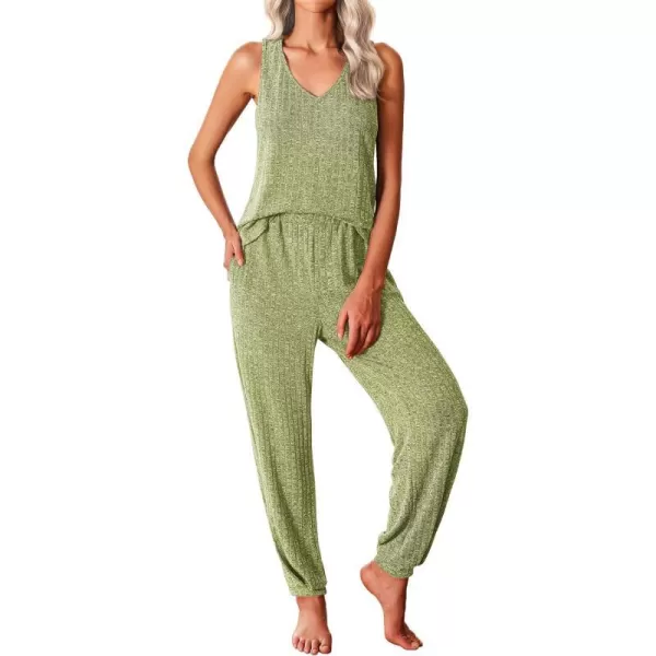 Ekouaer Womens Pajamas Sleeveless V Neck Pjs Lounge Sets Ribbed Knit 2 Piece Tank Pants Set Loungewear with Pockets SXXLLight Green