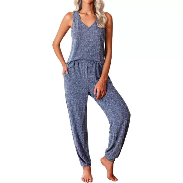 Ekouaer Womens Pajamas Sleeveless V Neck Pjs Lounge Sets Ribbed Knit 2 Piece Tank Pants Set Loungewear with Pockets SXXLNavy Blue