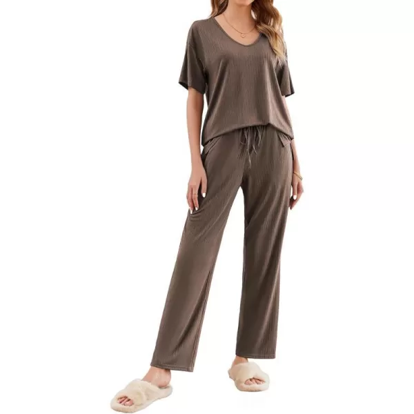 Ekouaer Womens Ribbed Knit Lounge Set Short Sleeve Top and Long Pants Sleepwear Pajama Set Two Piece Matching Outfits SetBrown