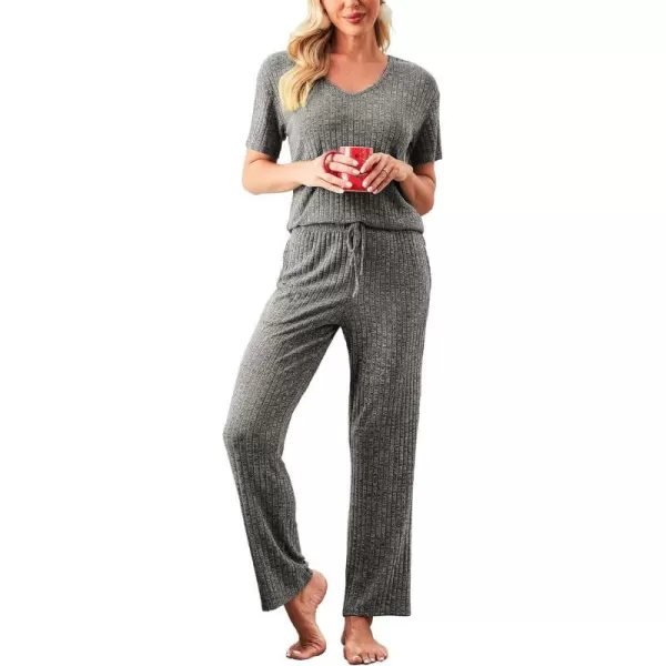 Ekouaer Womens Ribbed Knit Lounge Set Short Sleeve Top and Long Pants Sleepwear Pajama Set Two Piece Matching Outfits SetGray