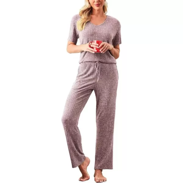 Ekouaer Womens Ribbed Knit Lounge Set Short Sleeve Top and Long Pants Sleepwear Pajama Set Two Piece Matching Outfits SetLight Purple