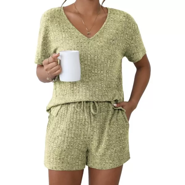 Ekouaer Womens Ribbed Knit Lounge Set Short Sleeve Top and Shorts Sleepwear Pajama Set Two Piece Matching Outfits SetApple Grenn