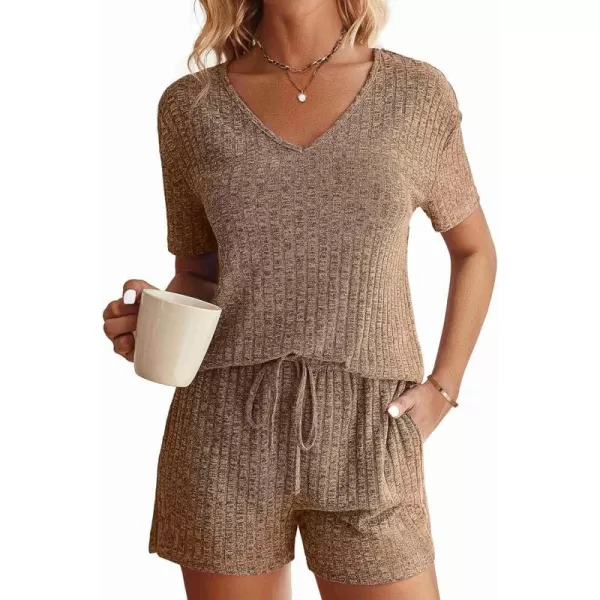 Ekouaer Womens Ribbed Knit Lounge Set Short Sleeve Top and Shorts Sleepwear Pajama Set Two Piece Matching Outfits SetBrown