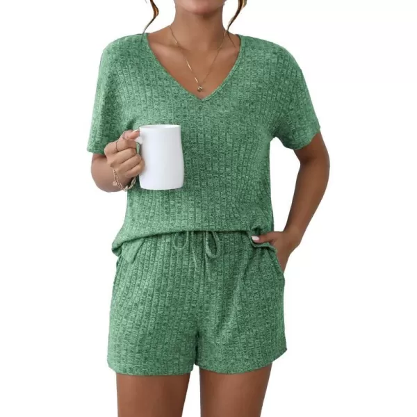 Ekouaer Womens Ribbed Knit Lounge Set Short Sleeve Top and Shorts Sleepwear Pajama Set Two Piece Matching Outfits SetFresh Green