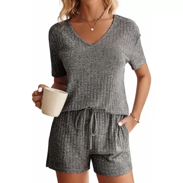 Ekouaer Womens Ribbed Knit Lounge Set Short Sleeve Top and Shorts Sleepwear Pajama Set Two Piece Matching Outfits SetGray