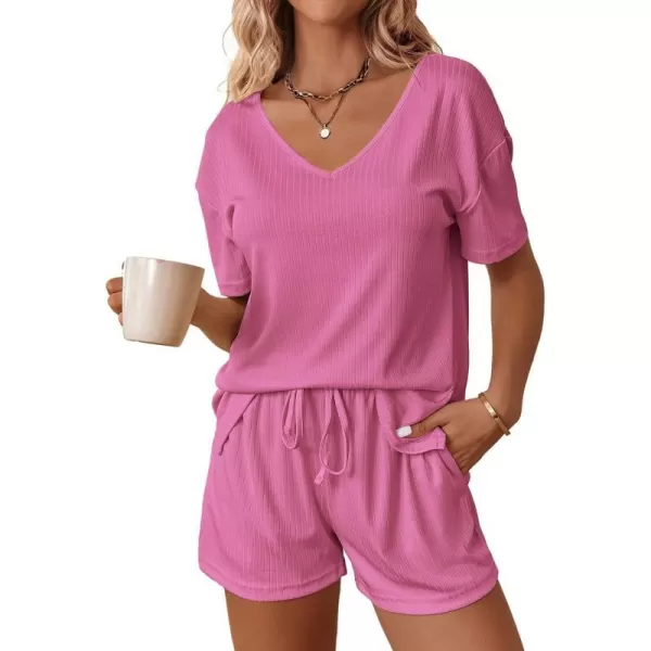 Ekouaer Womens Ribbed Knit Lounge Set Short Sleeve Top and Shorts Sleepwear Pajama Set Two Piece Matching Outfits SetHot Pink