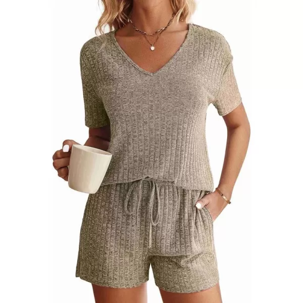 Ekouaer Womens Ribbed Knit Lounge Set Short Sleeve Top and Shorts Sleepwear Pajama Set Two Piece Matching Outfits SetKhaki